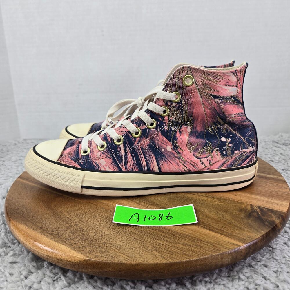 Converse Womens 9 CTAS All Star Hi Pink Feather Print Satin Casual Y2K Sneaker